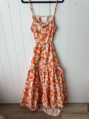 Olivaceous Orange White Floral Cut Out Side Tie Maxi Dress Sleeveless Large